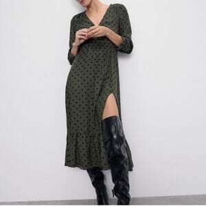 ZARA Olive Green Polka Dot Midi Dress with Front Slit (Size S)